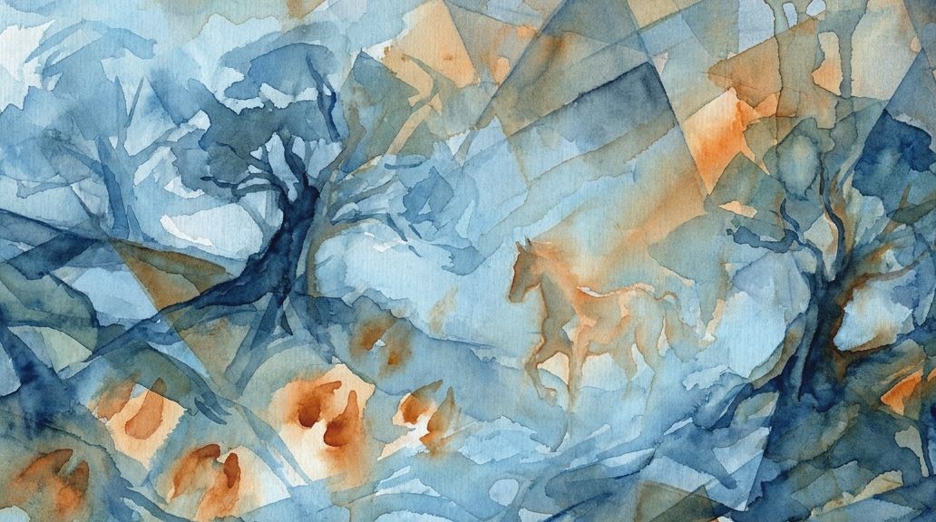 Blue and orange watercolor washes form a phantom horse in a misty, fractured woodland.