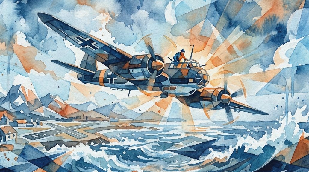 Blue and orange watercolor shows a German bomber escaping over a stormy sea from a coastal base.