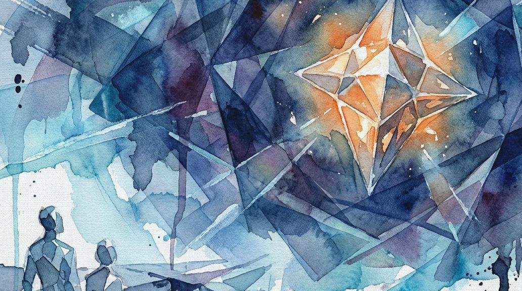 Two figures watch a glowing diamond white dwarf star in a deep blue and orange watercolor painting.