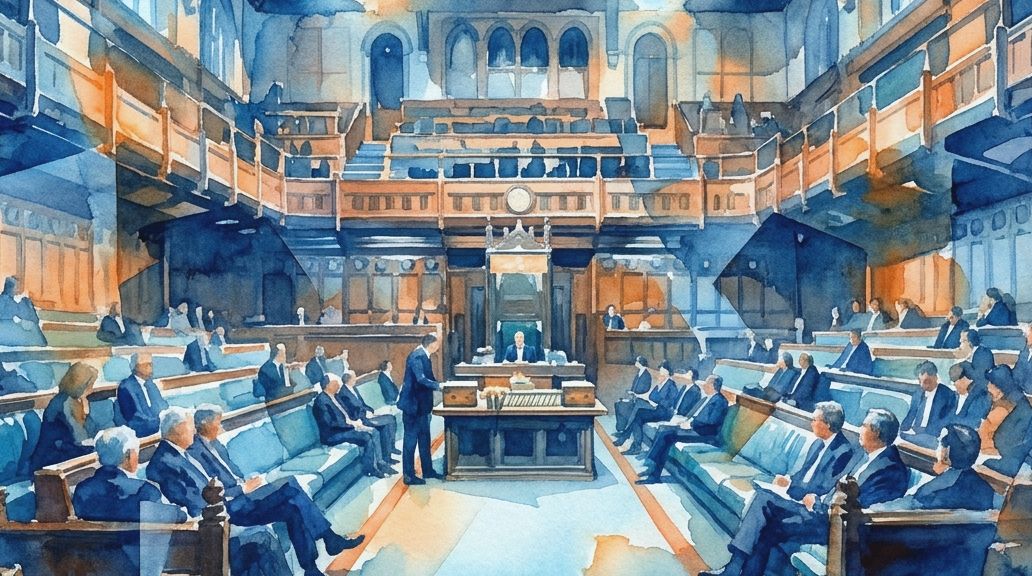 A watercolor painting in blues and oranges shows a busy parliament chamber with members debating.