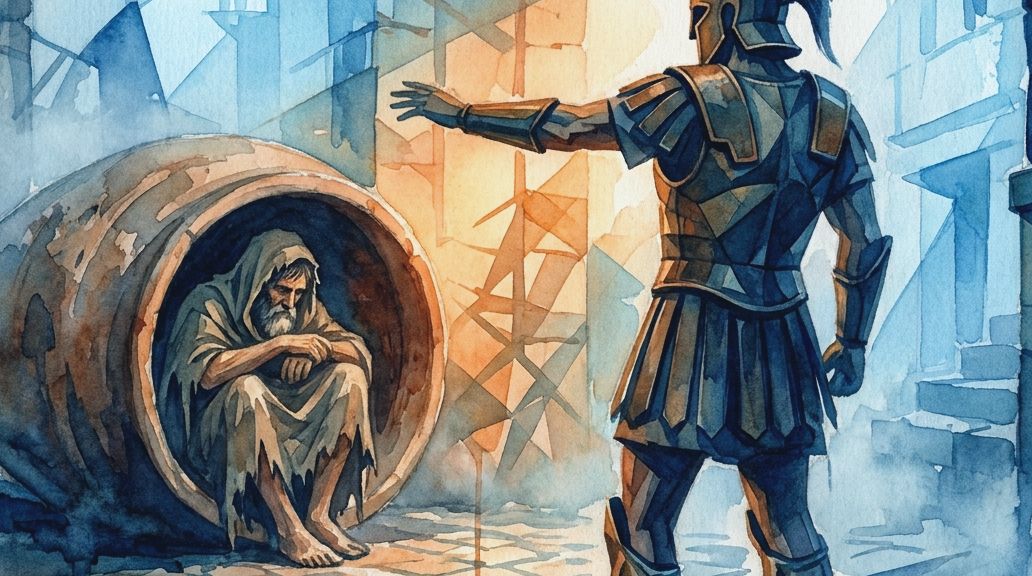 A watercolor painting in blues and oranges shows Diogenes in a pithos with an armored soldier.