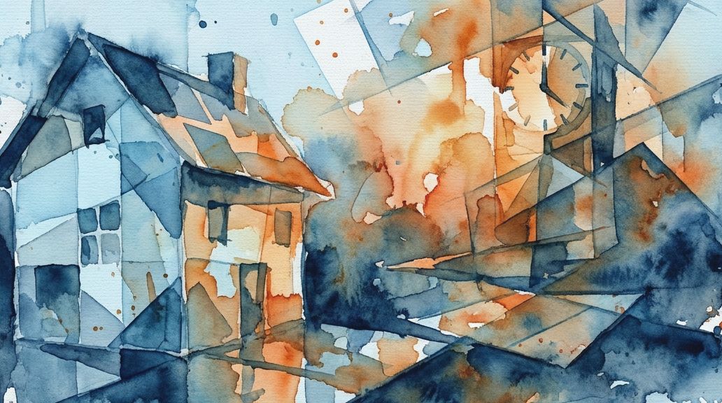 A watercolor painting in blue and orange tones shows a house and clock tower separated by a gap.