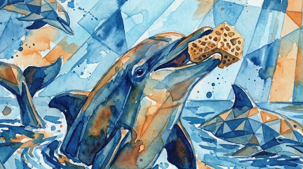 A watercolor painting in blue and orange tones shows a dolphin carrying a sponge in its beak.