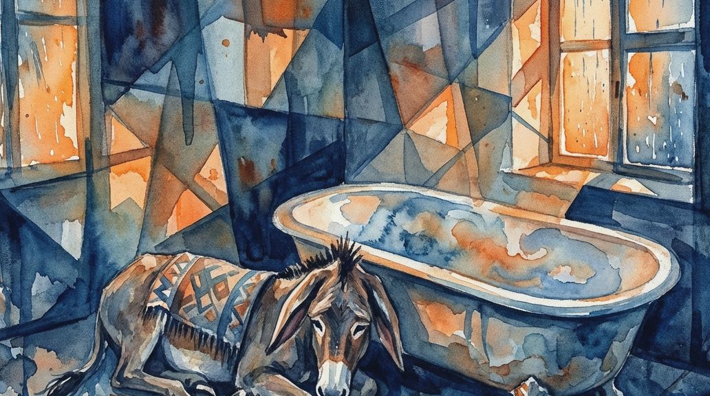 A watercolor painting in deep blues and oranges shows a donkey resting beside a clawfoot bathtub.