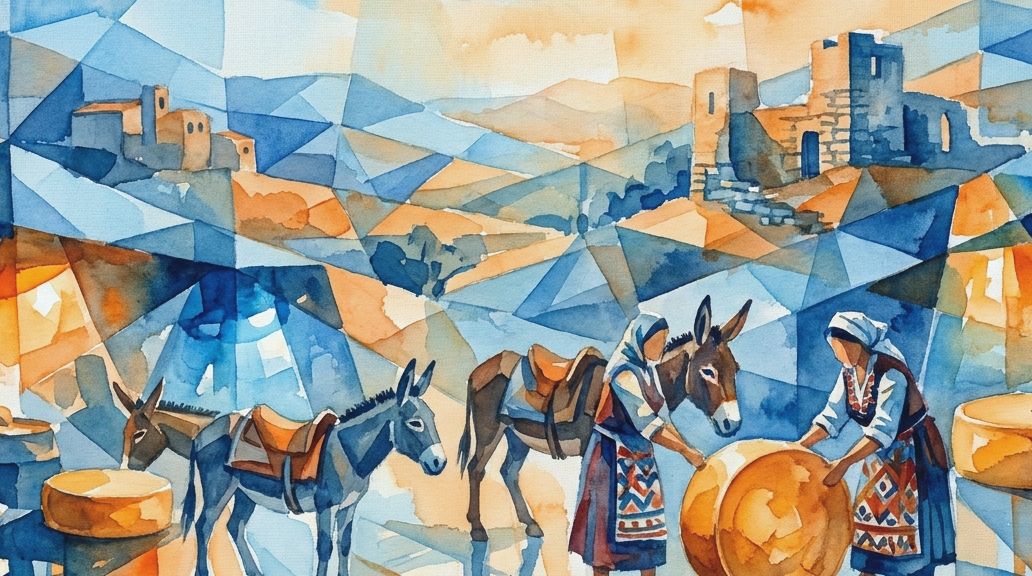 A blue and orange watercolor scene with women, donkeys, and wheels of donkey milk cheese.