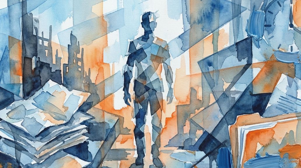 Blue and orange watercolor shows a fragmented survivor among city ruins, documents, and a clock.