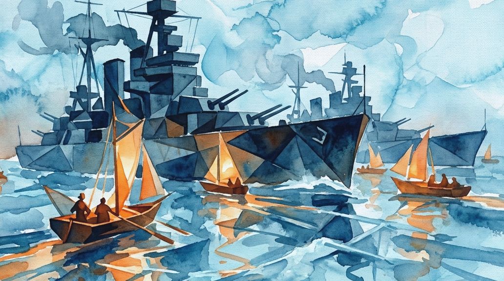 A watercolor painting in blue and orange tones shows dreadnought battleships and small sailboats.