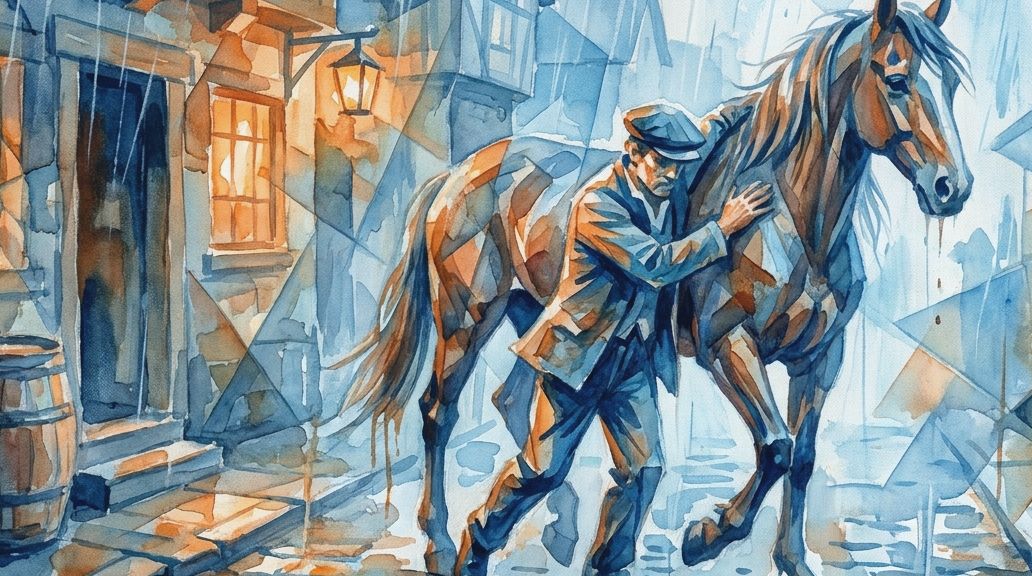 Watercolor in blues shows a man and wobbly horse in rain, relevant to drunk horse laws.