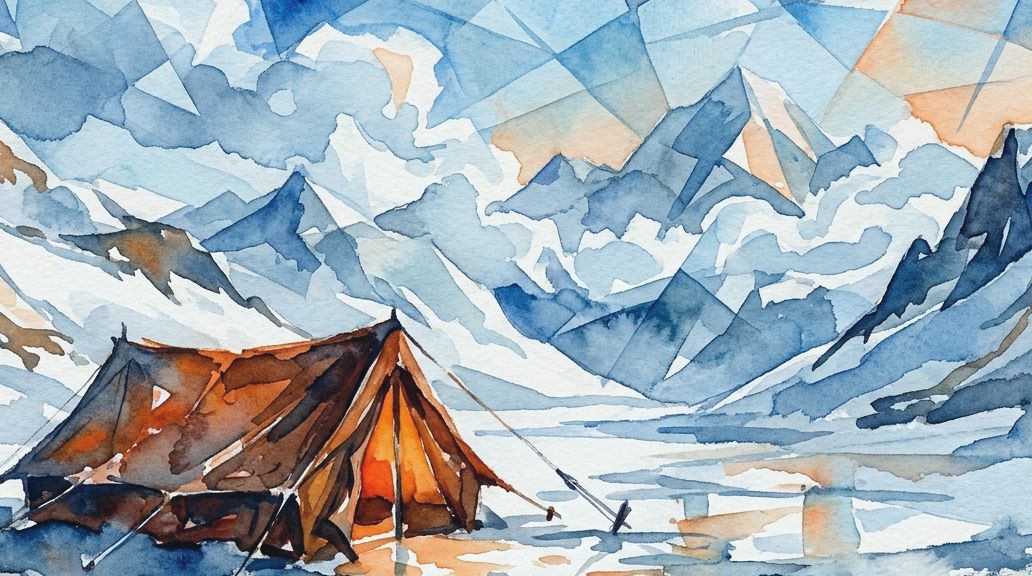 A watercolor painting of a glowing tent in icy blue mountains, representing the Dyatlov Pass camp.