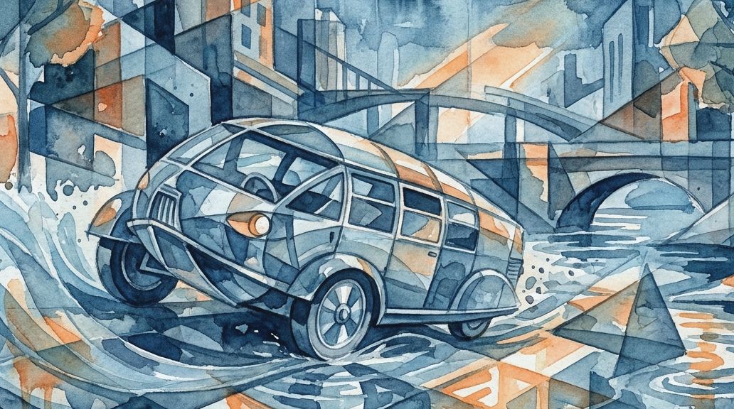 A stylized watercolor shows a unique teardrop vehicle splashing through blue and orange city waters.