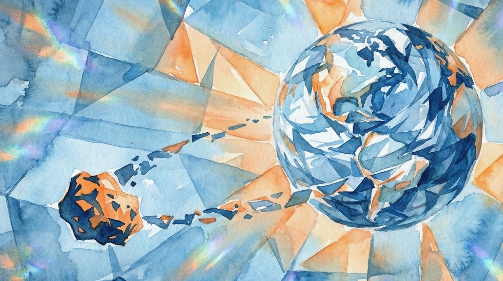 A watercolor painting shows Earth and a small quasi-satellite asteroid in faceted blue and orange.