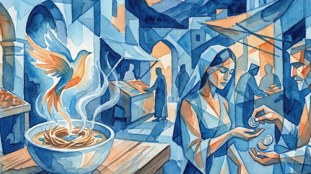 Watercolor painting in blues and oranges shows a market with a bowl holding an edible bird's nest.