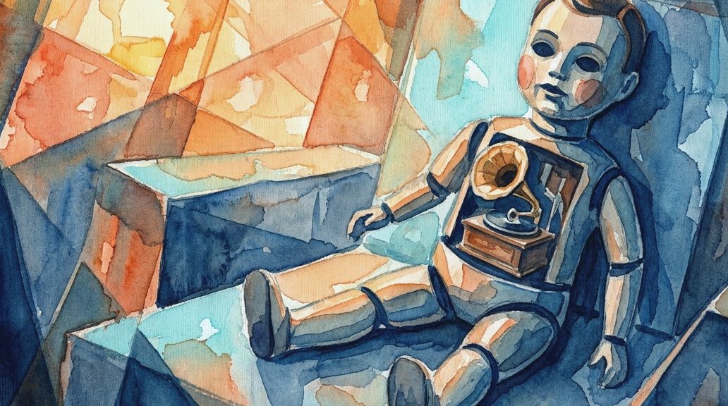 A watercolor illustration in blues and oranges depicts a doll with a phonograph built into its.