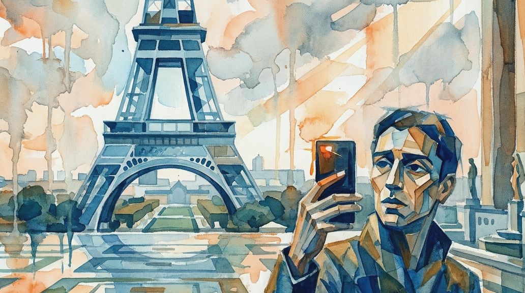 A watercolor painting in blues and oranges shows a man with a phone near the Eiffel Tower at sunset.