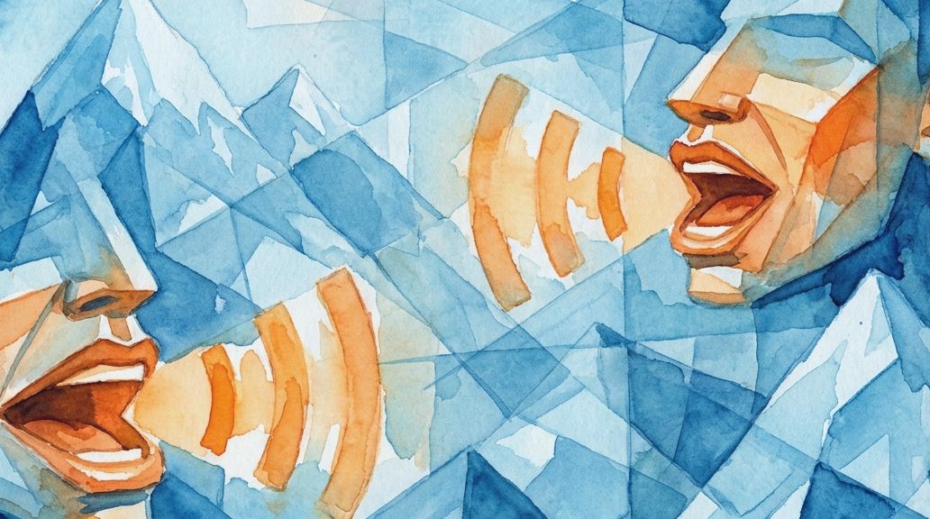 Watercolor of two heads ejecting orange sound waves against high altitude blue peaks.