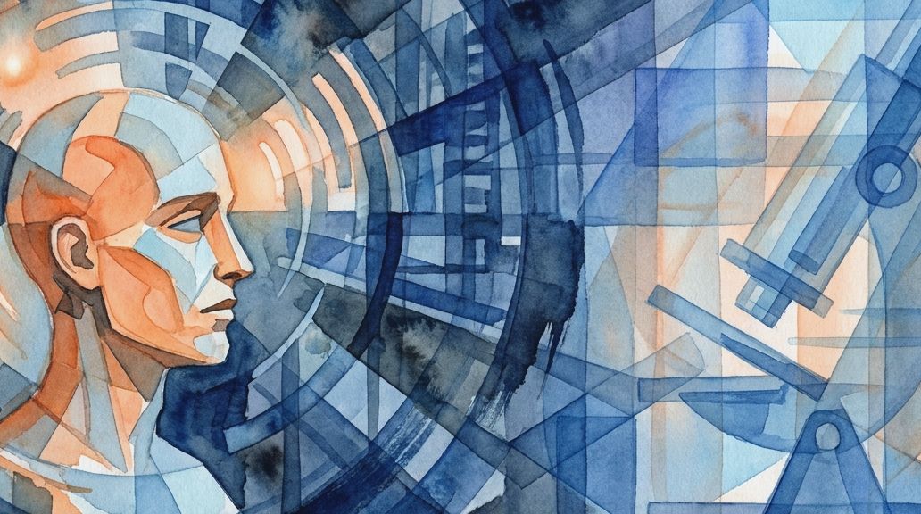 A watercolor painting in blue and orange shows a human head profile next to a microscope.