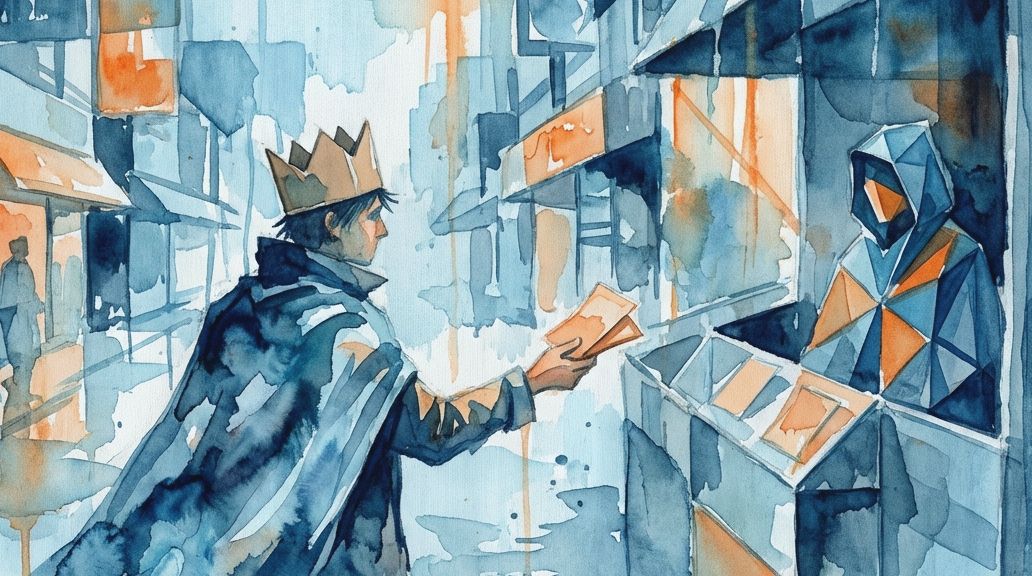 A blue and orange watercolor depicts Emperor Norton in a crown handing papers to a street vendor.