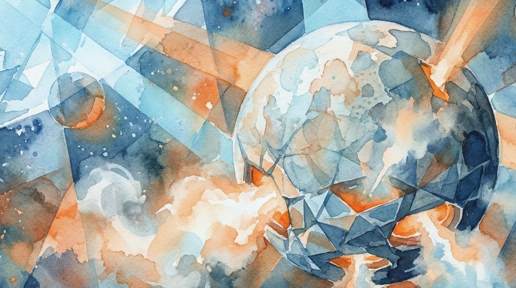 A blue and orange watercolor of a fractured Enceladus with hydrothermal plumes erupting.