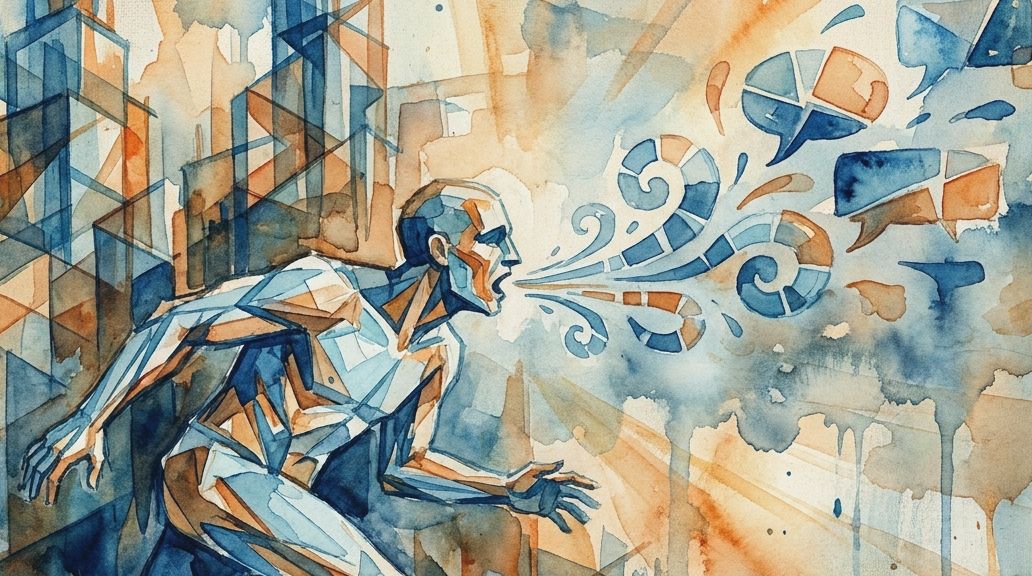 An abstract watercolor in blue and orange shows a figure exhaling segmented breath bursts.
