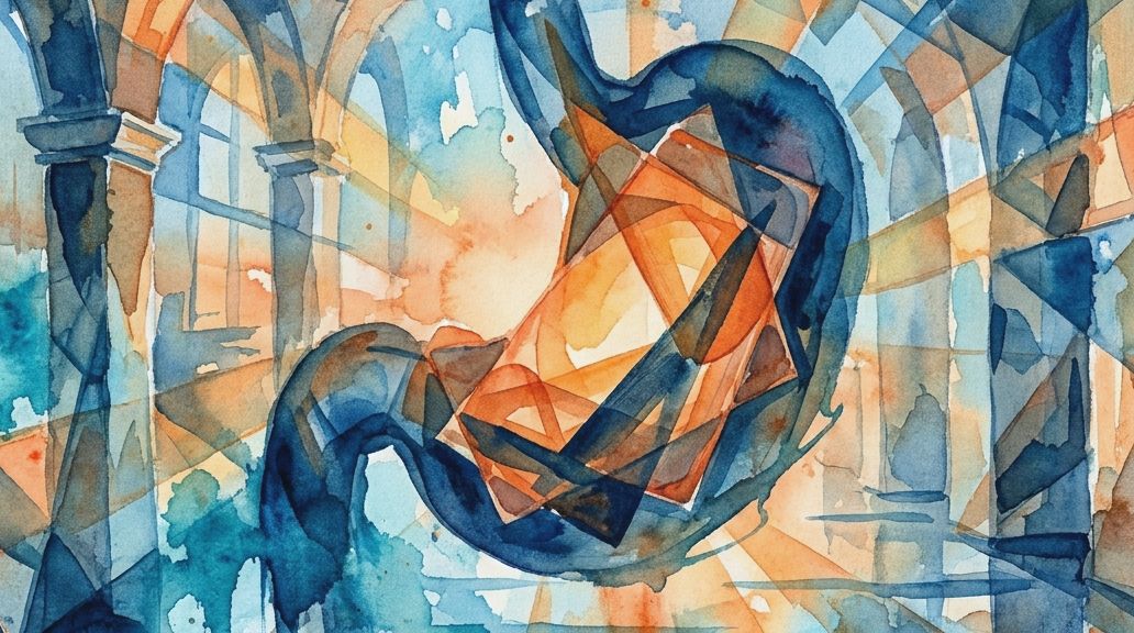 A blue and orange watercolor illustration depicts a section of the digestive tract anatomy.