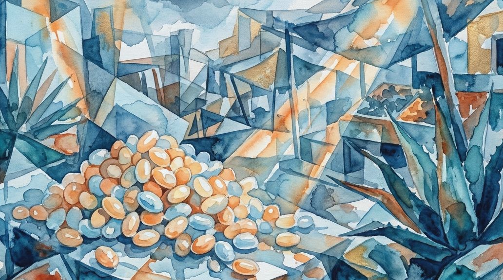 A watercolor painting in blues and oranges shows a pile of escamoles ant larvae near agave.
