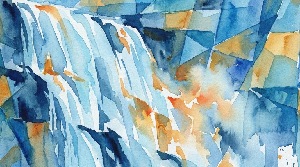 Watercolor painting of a waterfall with faceted shapes in deep blues and warm, fiery orange tones.