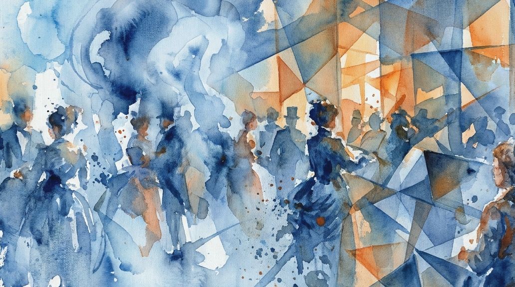 Blue and orange watercolor washes depict indistinct figures mingling at a hazy ether frolic event.
