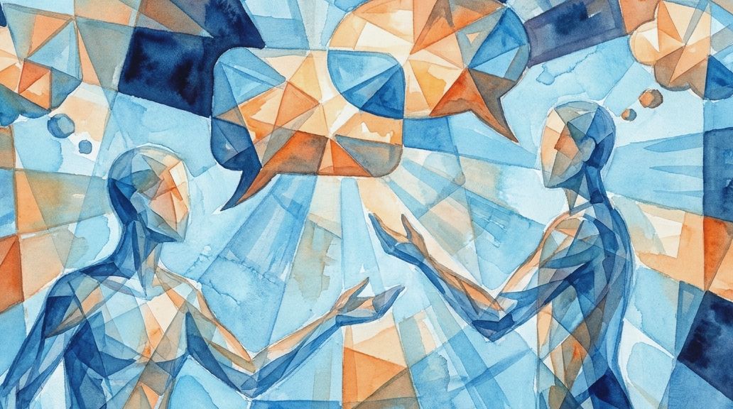 Blue and orange watercolor shows two figures with fragmented speech and thought bubbles.