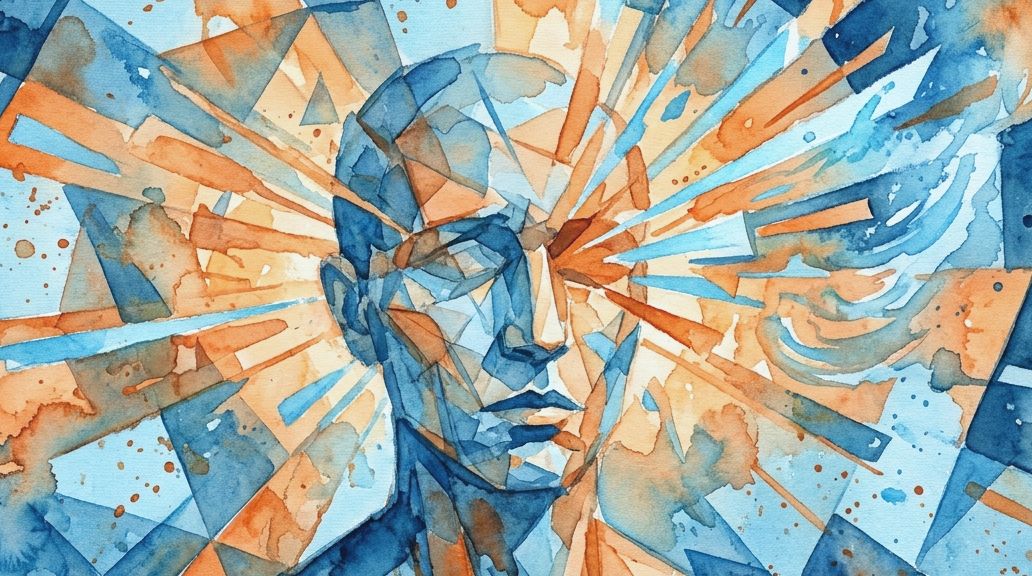 A watercolor showing a fragmented head with bursts of blue and orange energy radiating outwards.