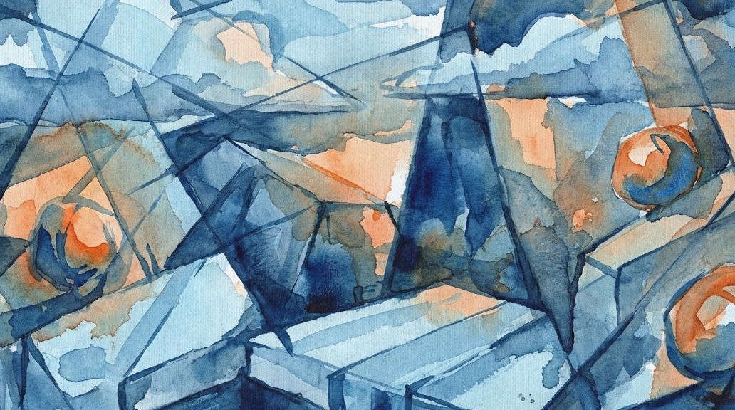An abstract watercolor painting in deep blues and oranges shows three distinct rounded forms.