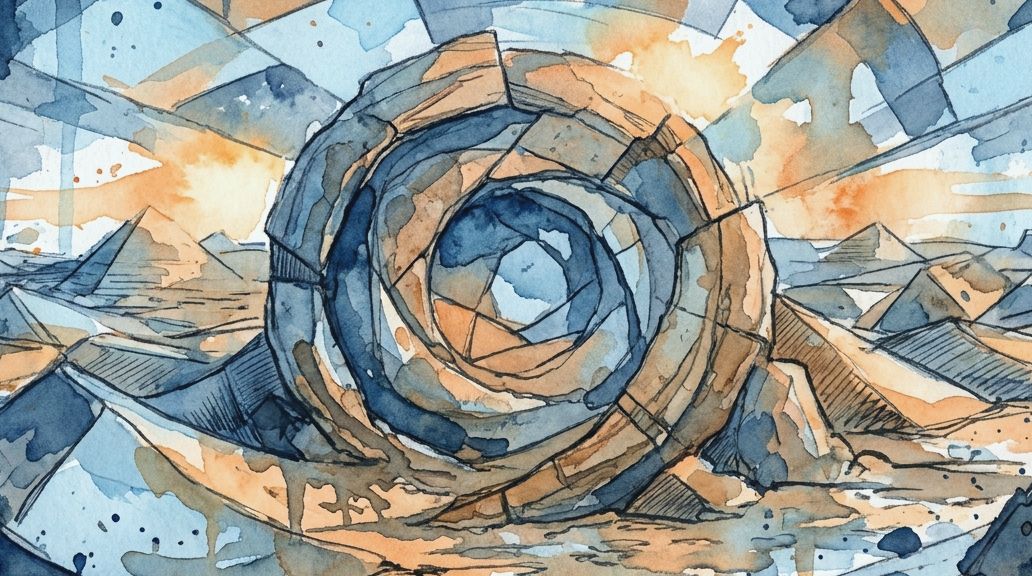 A watercolor painting of a large rock eye in a Sahara desert landscape with blue and orange tones.