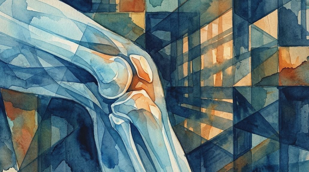 Watercolor illustration showing the knee joint and fabella bone using deep blues, oranges, and.
