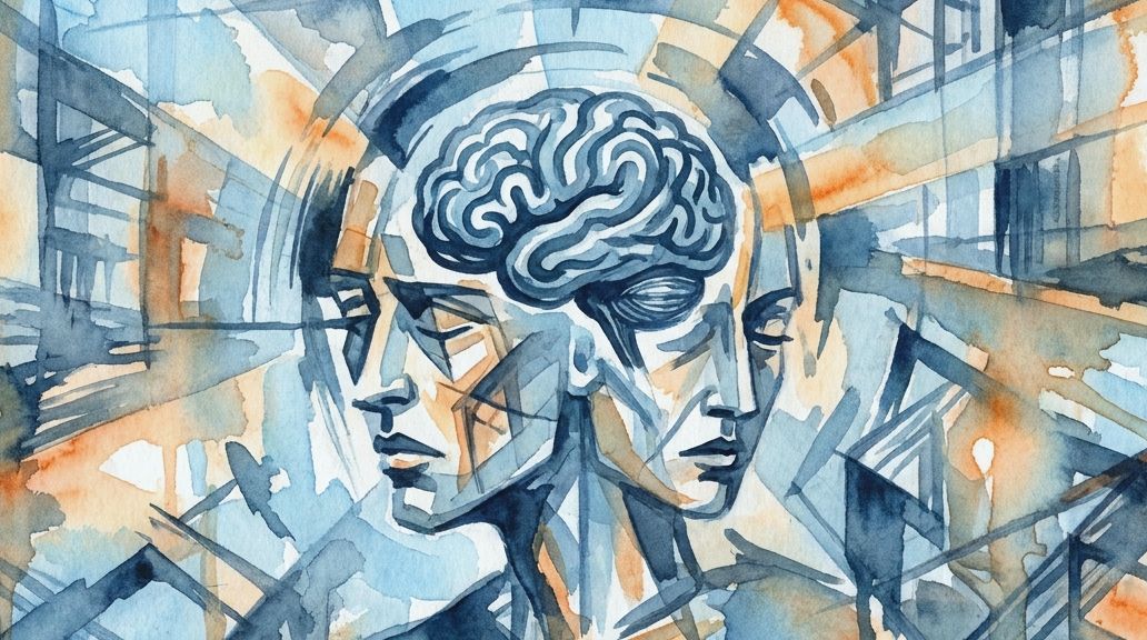 A watercolor painting in blues and oranges shows a brain inside an abstracted head with two faces.
