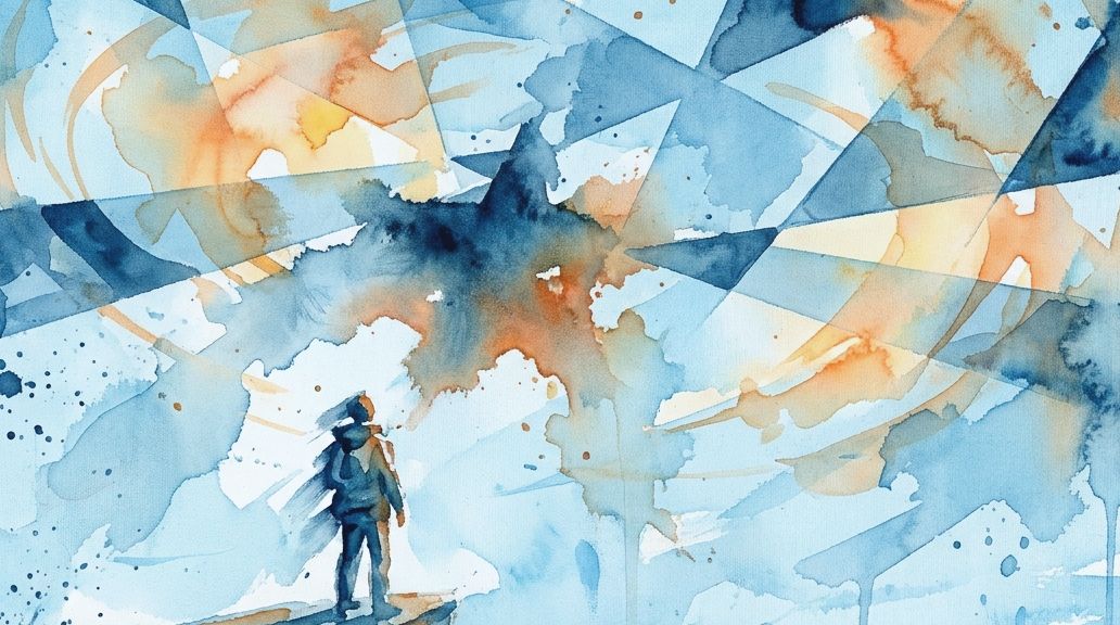 Broad watercolor washes in blue and orange depict a figure witnessing a turbulent cosmic event.