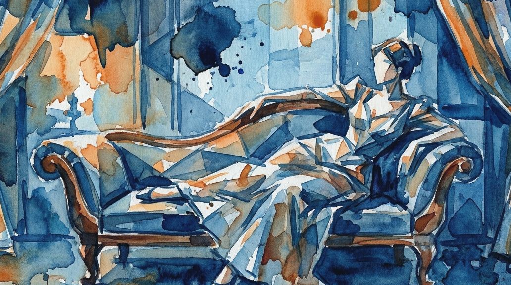 A fractured watercolor painting in blue and orange tones depicts a woman on a fainting couch.