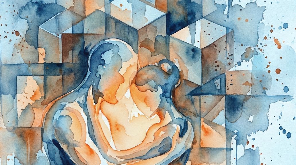 An abstract watercolor painting in deep blues and oranges shows two embracing figures.