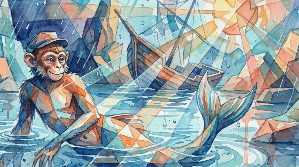 A watercolor artwork in blue and orange shows a monkey with a mermaid tail in fractured forms.
