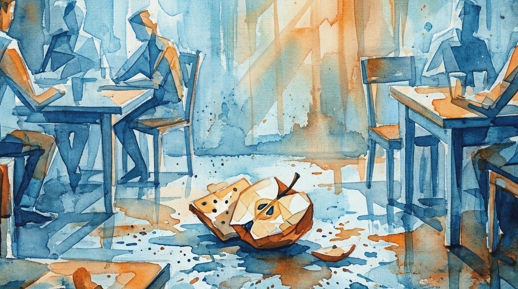 A blue and orange watercolor shows a dropped apple on a cafe floor, evoking the five-second rule.