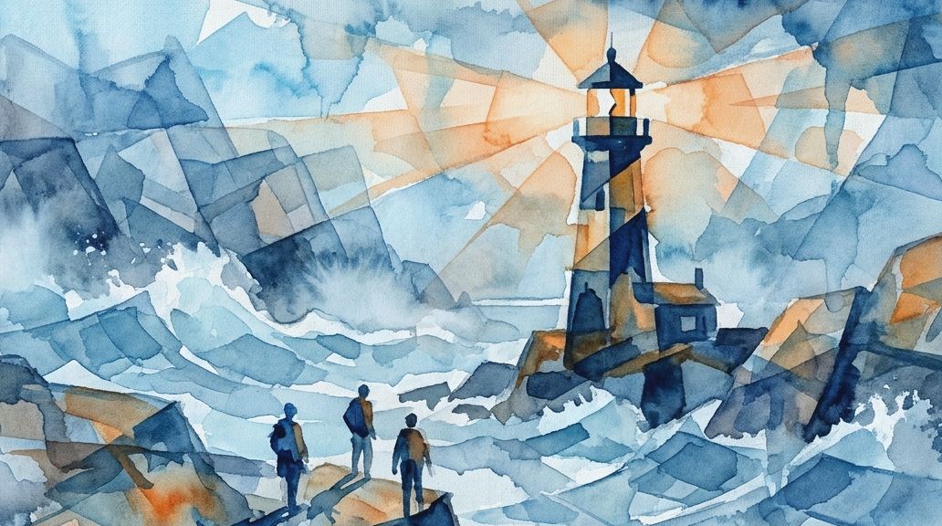 A watercolor painting of three small figures on dark rocks below a lighthouse with orange beams.