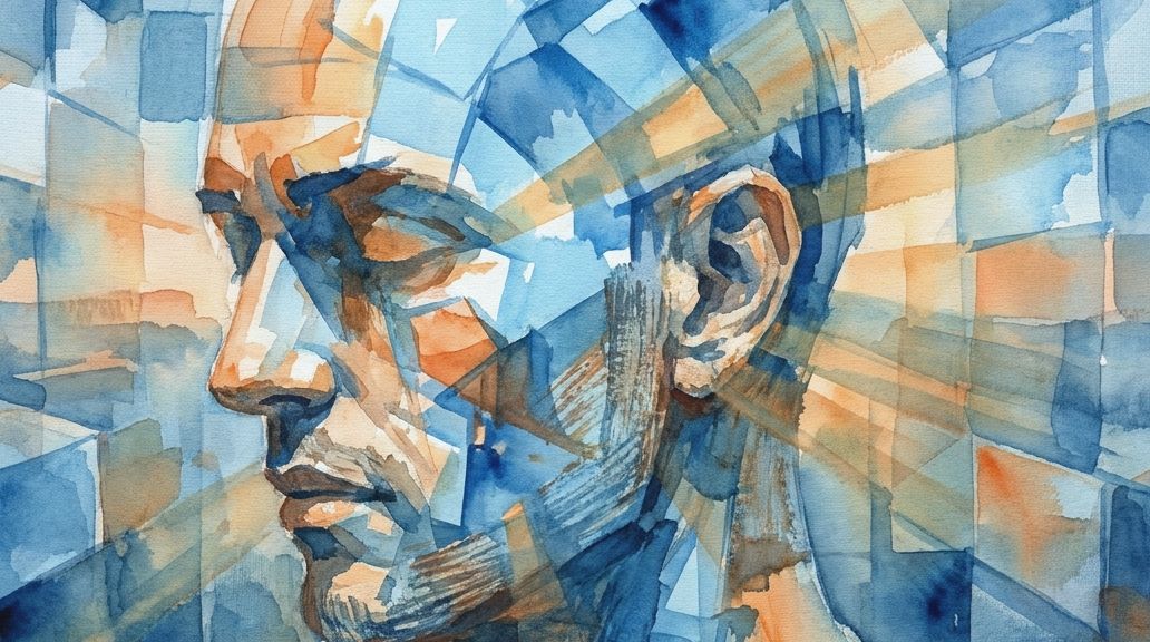 A watercolor painting in fragmented blues and oranges shows light radiating from a man's ear.