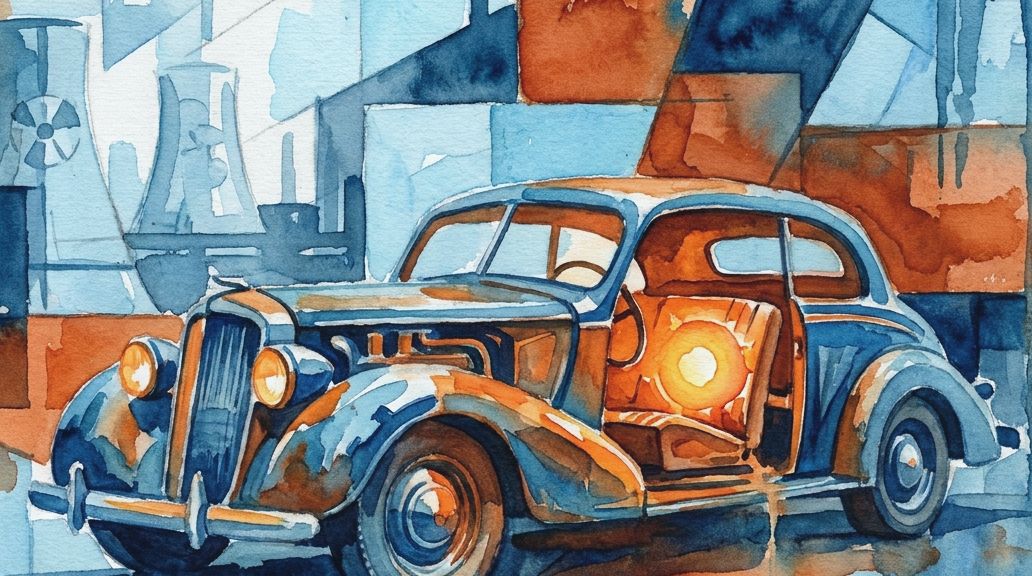 Watercolor shows a vintage car with a glowing cabin near nuclear towers in blue and orange tones.