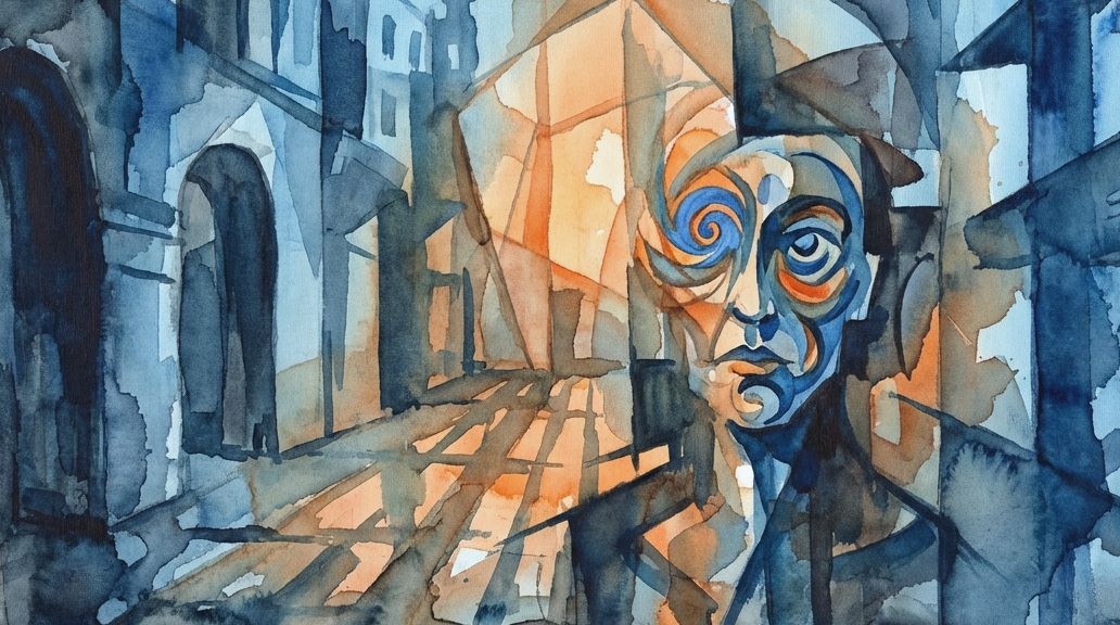 A distorted watercolor face in blues and oranges reflects the confusion of foreign accent syndrome.