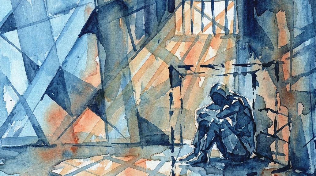 A watercolor painting in blues and oranges depicts a solitary figure inside a cell with bars.
