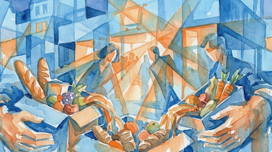 A blue and orange watercolor shows hands holding boxes of food for donation in a French city.