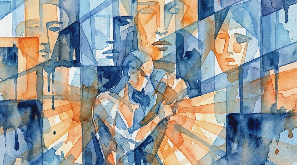 Blue and orange watercolor washes create multiple overlapping faces that blend into one another.
