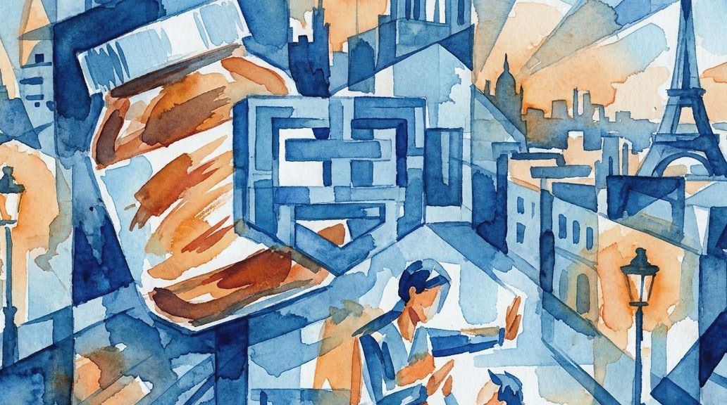 A watercolor in blue and orange shows a spread jar and shield against a Parisian city landscape.