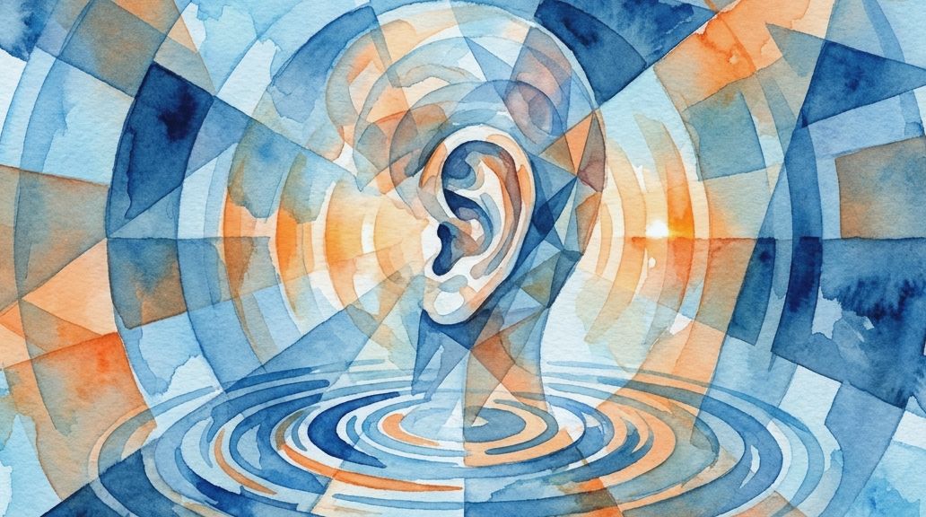 Blue and orange abstract watercolor showing an ear head profile amidst radiating sound wave ripples.