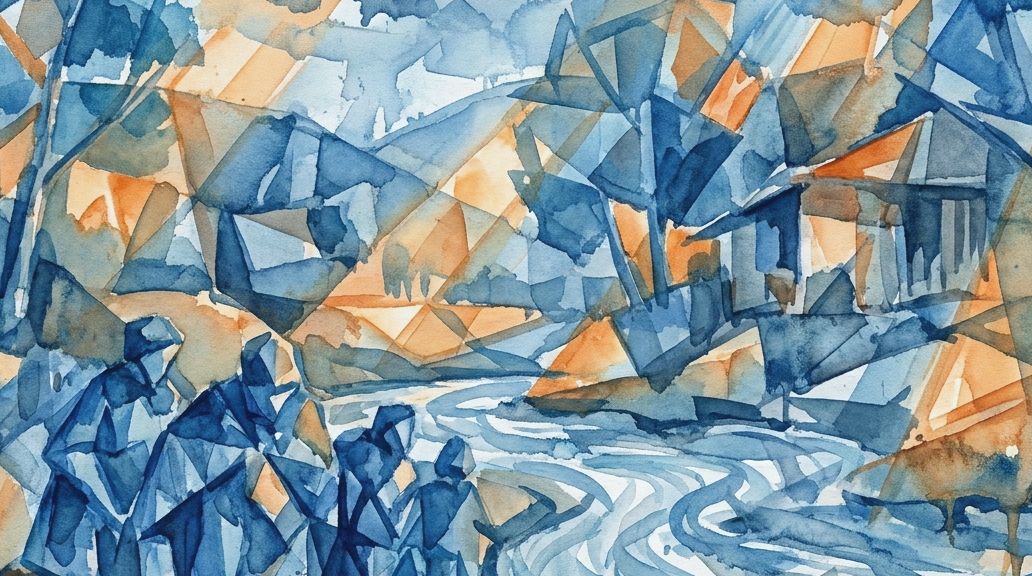 Watercolor painting in deep blues and oranges of a landscape with blue figures near a river.