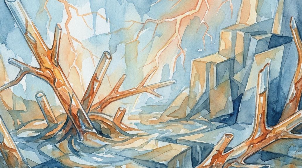Watercolor painting with lightning forming fulgurite glass structures in blue, orange, and gray.
