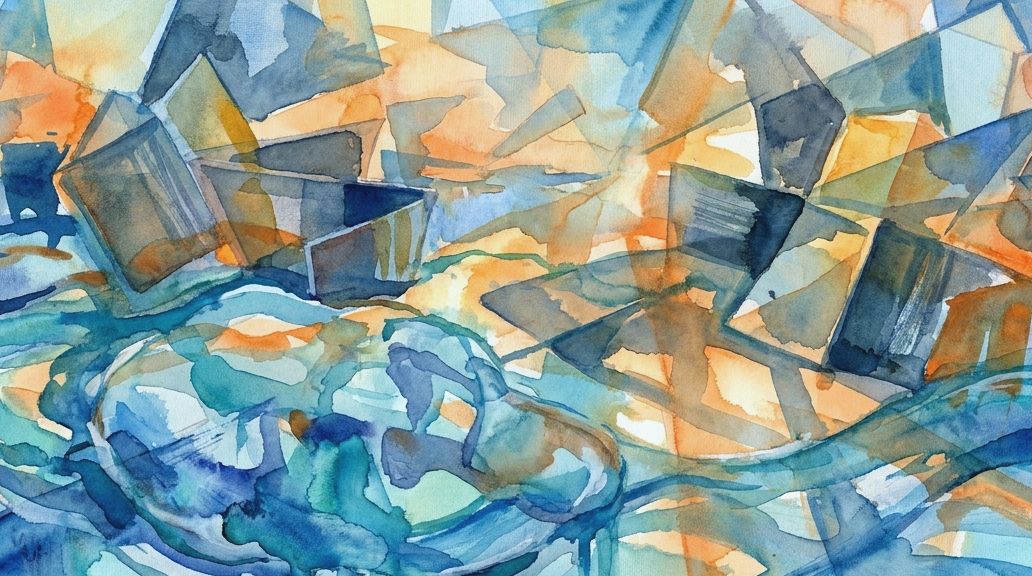 Abstract watercolor painting with blue and orange washes representing scattered ocean debris.